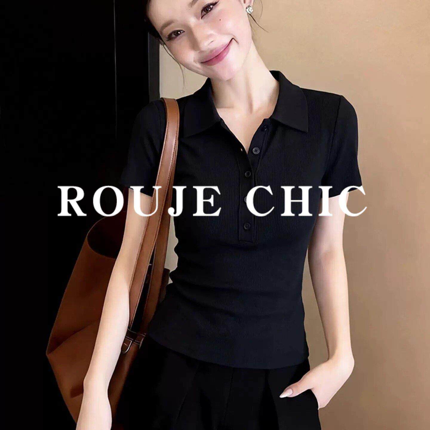 法国rouje chic法式黑色polo领翻领短袖t恤女夏紧身短款正肩上衣