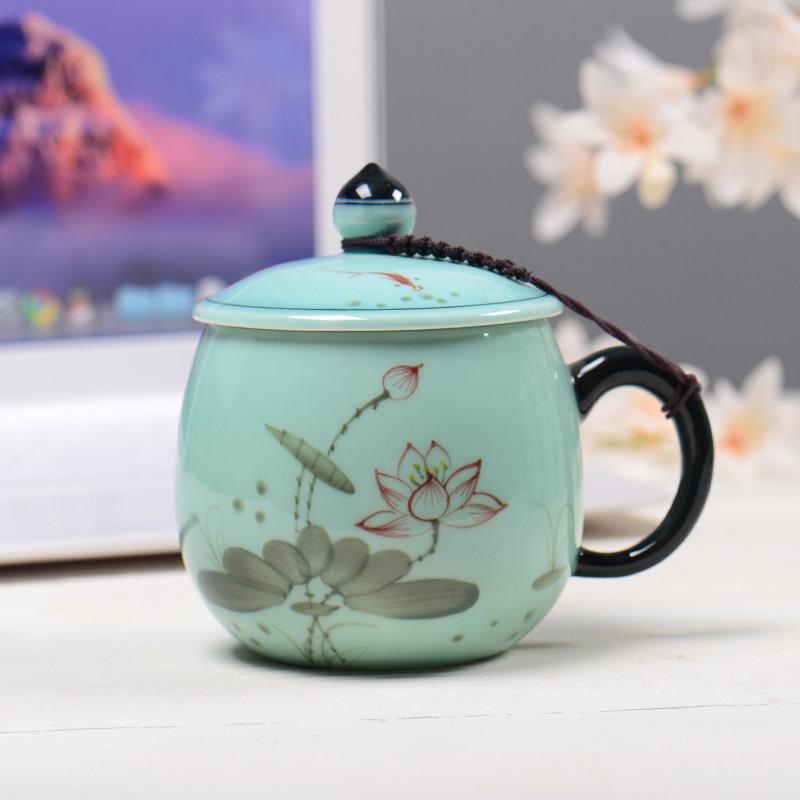 陶瓷茶杯带盖子过滤青瓷杯办公室男女水杯泡茶杯手绘莲花带把手杯图片