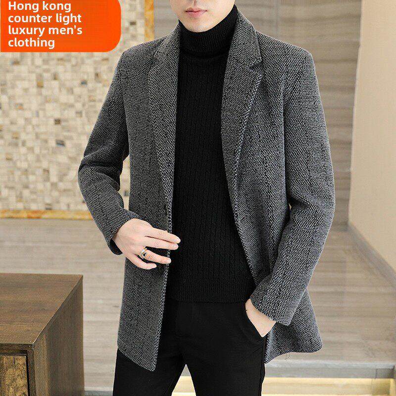 羊绒大衣男冬季金貂绒西装领休闲加厚中长款风衣男士羊毛呢子外套