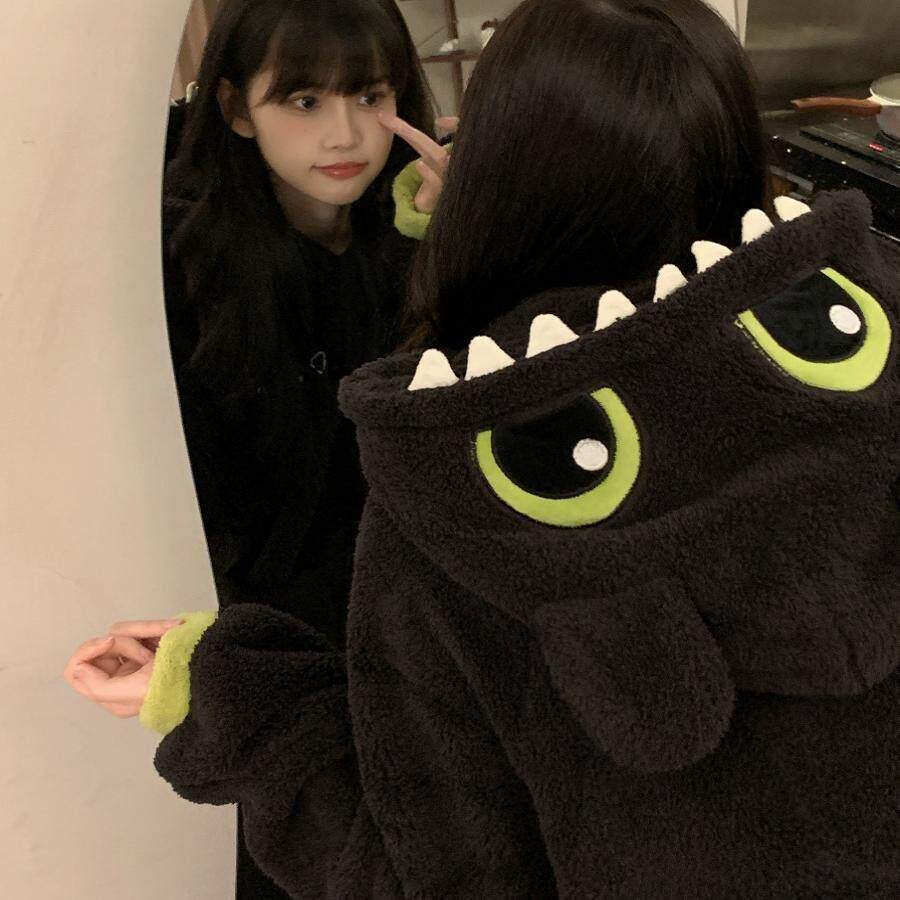 可爱无牙仔连帽珊瑚绒睡衣女冬款新款卡通保暖加厚毛绒家居服套装