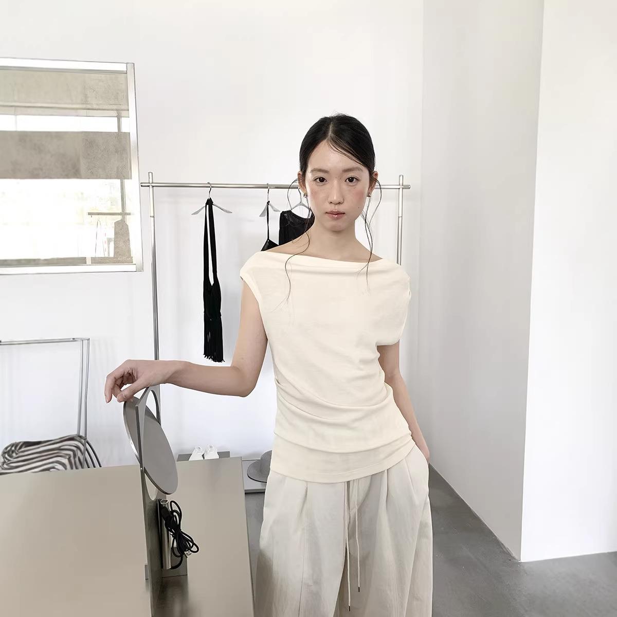夏季斜肩堆领显瘦针织无袖T恤