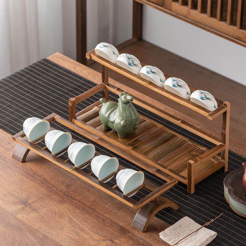 竹制杯架复古功夫茶具收纳架茶杯架子双层博古架晾杯架茶壶展示架