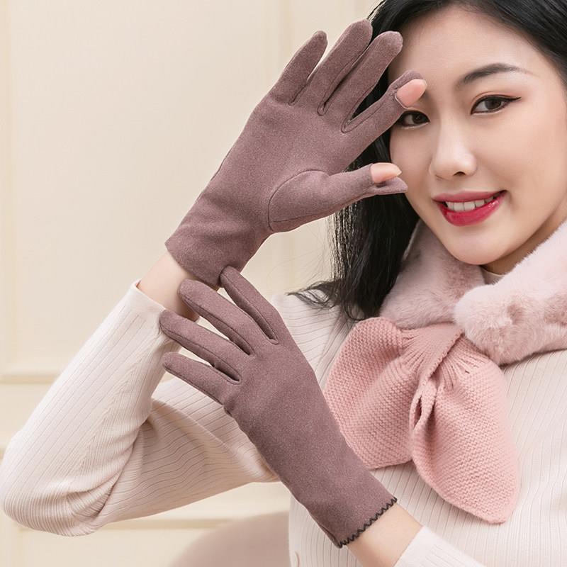 手套女士冬德绒女秋季新款骑车露指保暖防寒开车天骑行电动车漏二