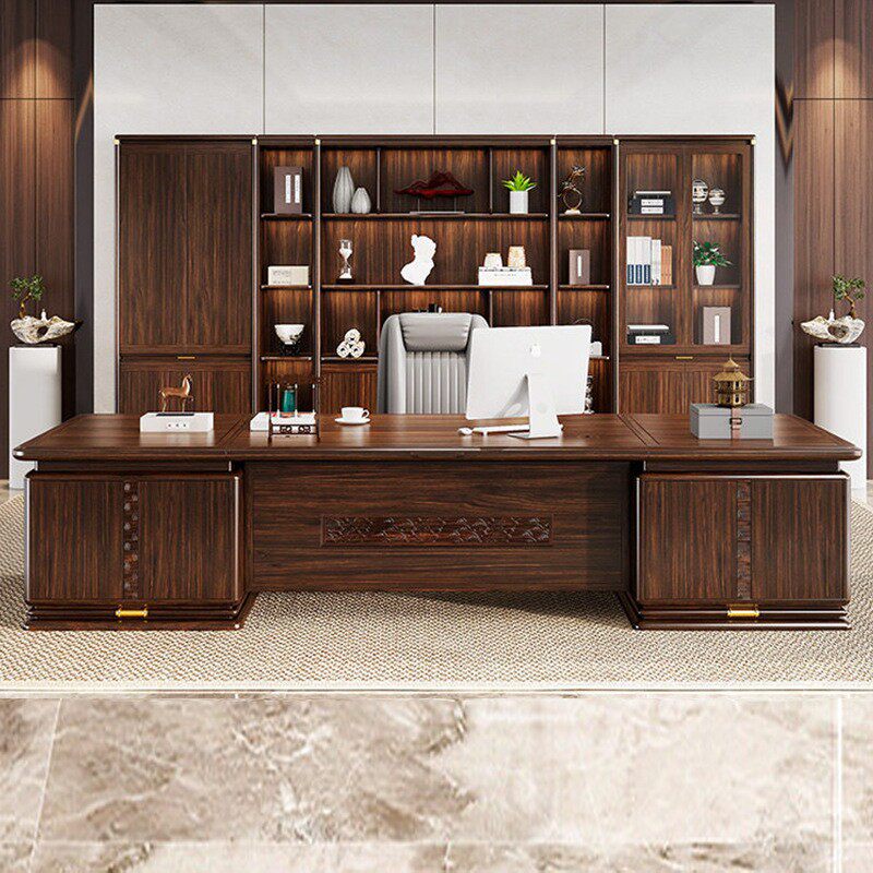 高档新中式全实木办公桌老板桌乌金木大班台董事长办公室组合家具