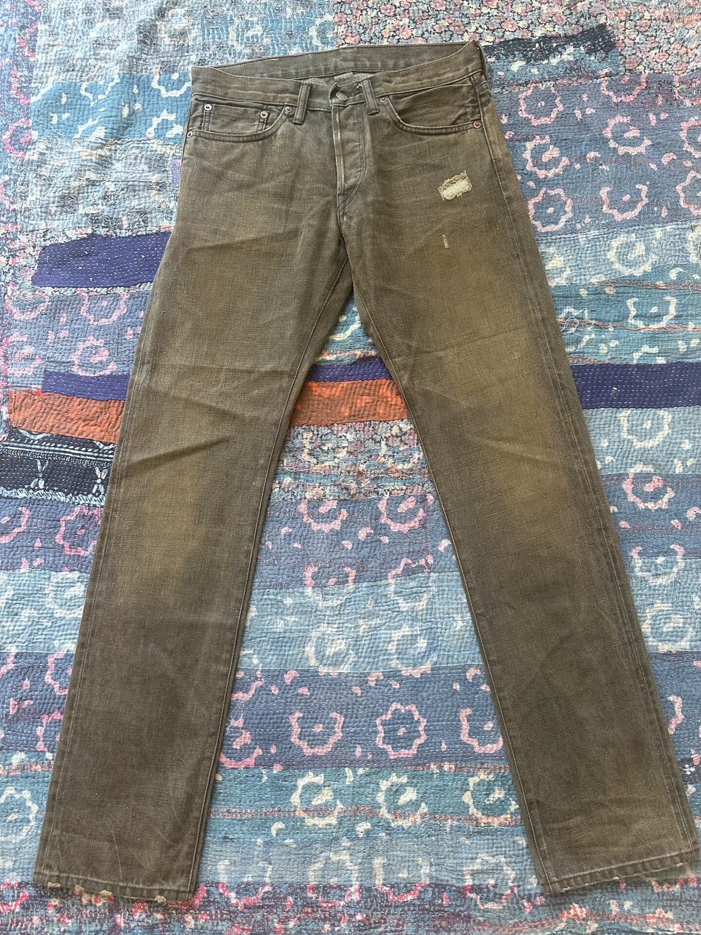 RRL Slim Fit Brownish-Green Distressed Jeans