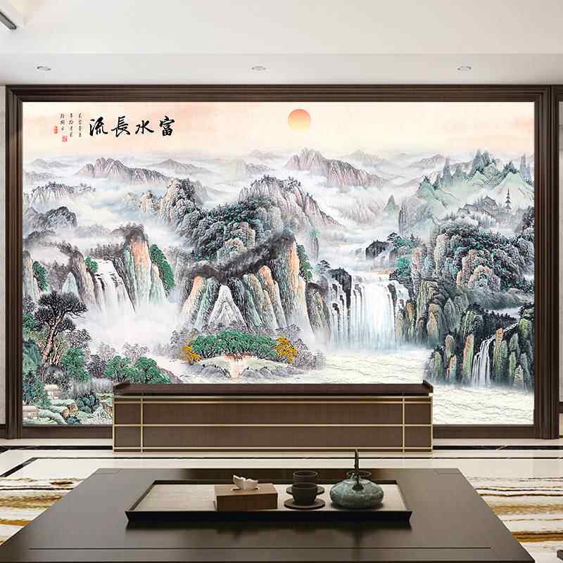 富水长流自粘山水风景客厅墙贴画电视背景墙贴纸年画墙面装饰墙纸
