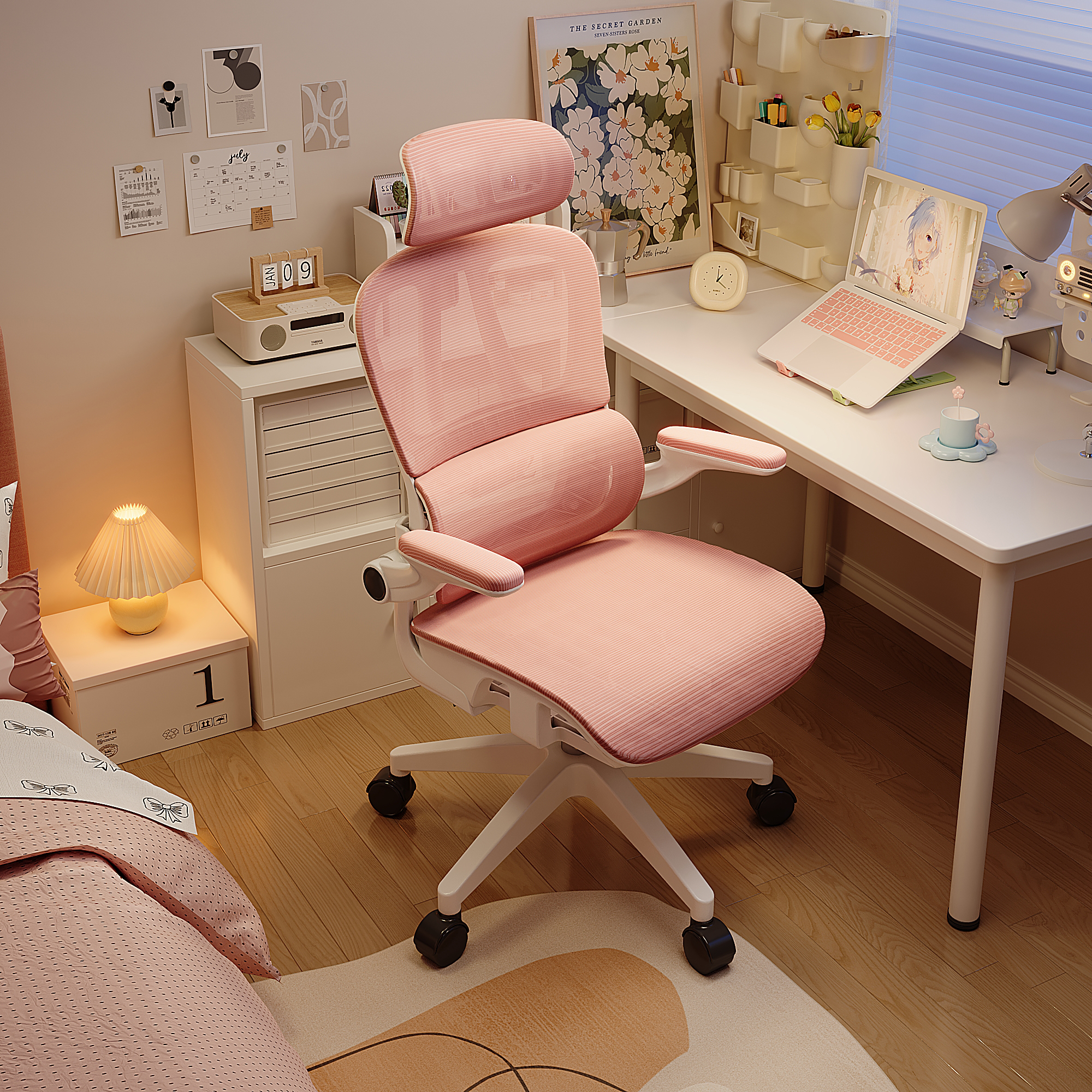 人体工学椅子女生卧室久坐舒适女神椅粉色网红电脑办公家用电竞椅