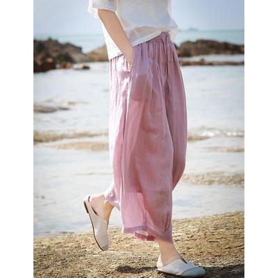 轻奢天丝亚麻宽裤女夏新款薄款八分裤灯笼裤大尺码苎麻休闲 裤子