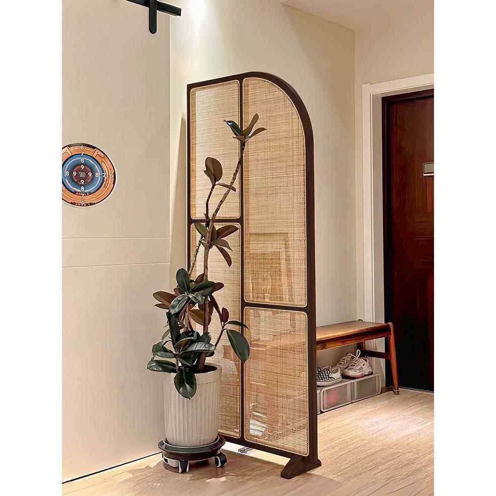 中式正对门玄关隔断屏风客厅入户软遮挡复古卧室沙发可移动藤编柜