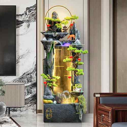 高山流水梅花鹿水幕墙鱼缸摆件家居客厅玄关落地造景装饰品加湿器