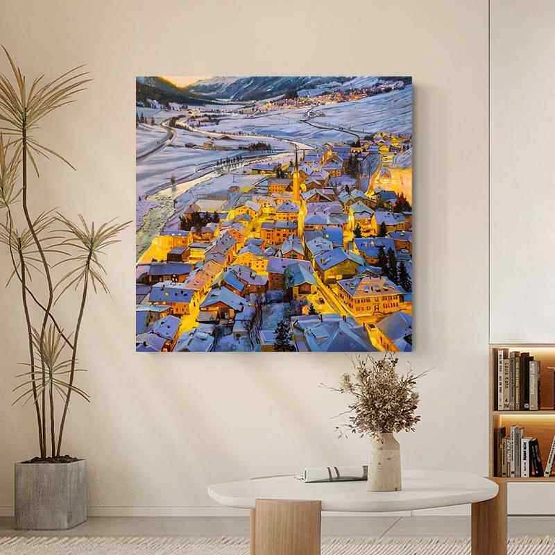 大芬村日出小镇纯手绘油画建筑风景冬季雪景装饰画客厅玄关肌理画