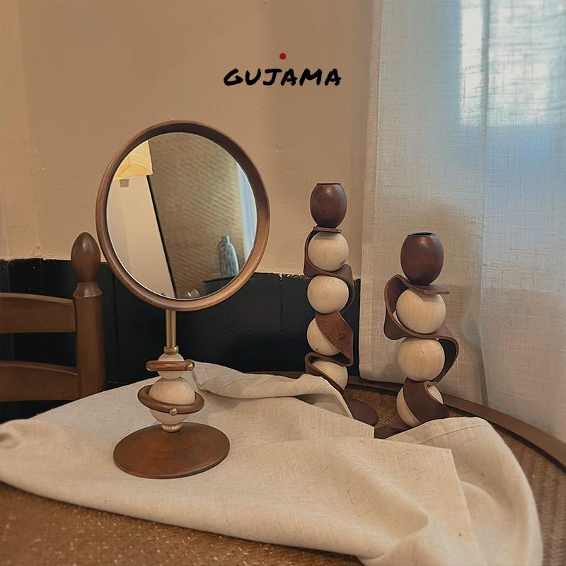 GUJAMA 中古木质桌面圆形化妆镜台式可旋转化妆台覆古美妆镜ins