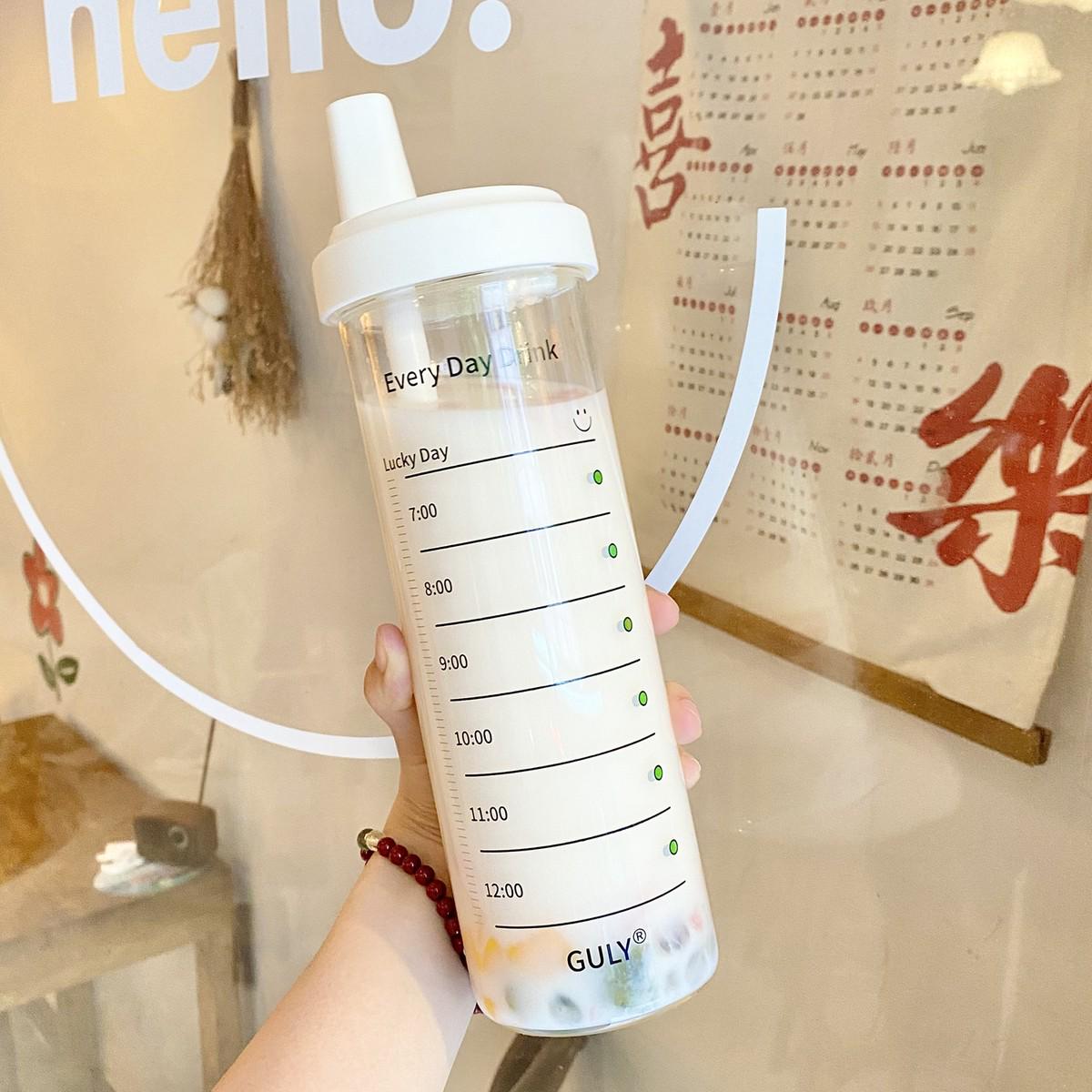 提醒喝水！高颜值喝奶茶用大容量吸管耐热玻璃杯刻度泡茶杯子女生