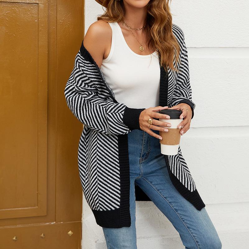 Loose long coat sweater women striped contrast color