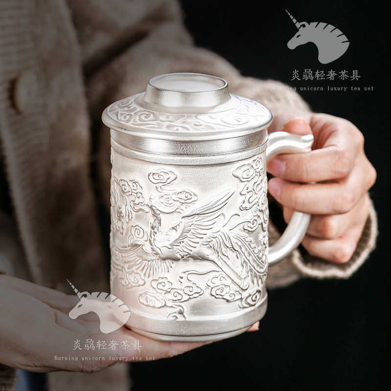 茶具礼品 办公个人杯带过滤鎏银雪花真银茶杯茶水分离杯子大容量