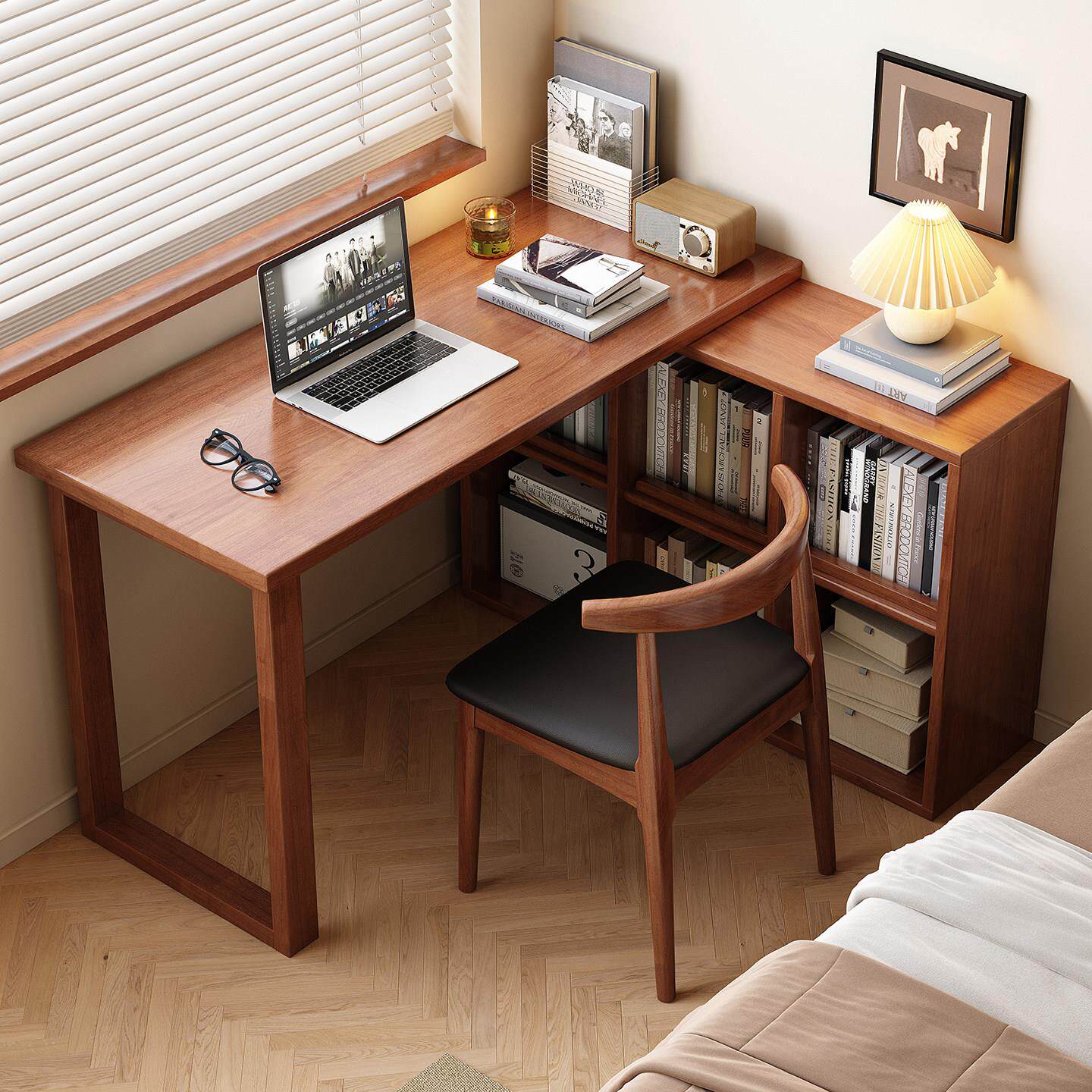 实木转角书桌带书柜一体桌学生家用学习桌简约卧室L型拐角电脑桌