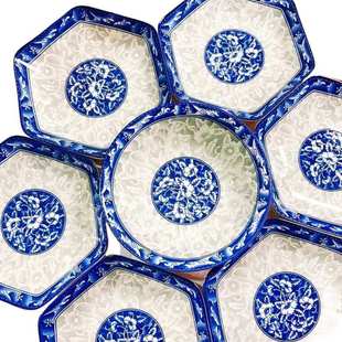 套装 陶瓷家用釉下彩菱形饭盘拼盘 青花瓷六角盘 大汤碗拼盘组合装