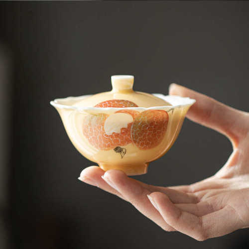 静道釉上彩手绘荔枝盖碗纯手工薄胎花口泡茶碗单个不烫手功夫茶具
