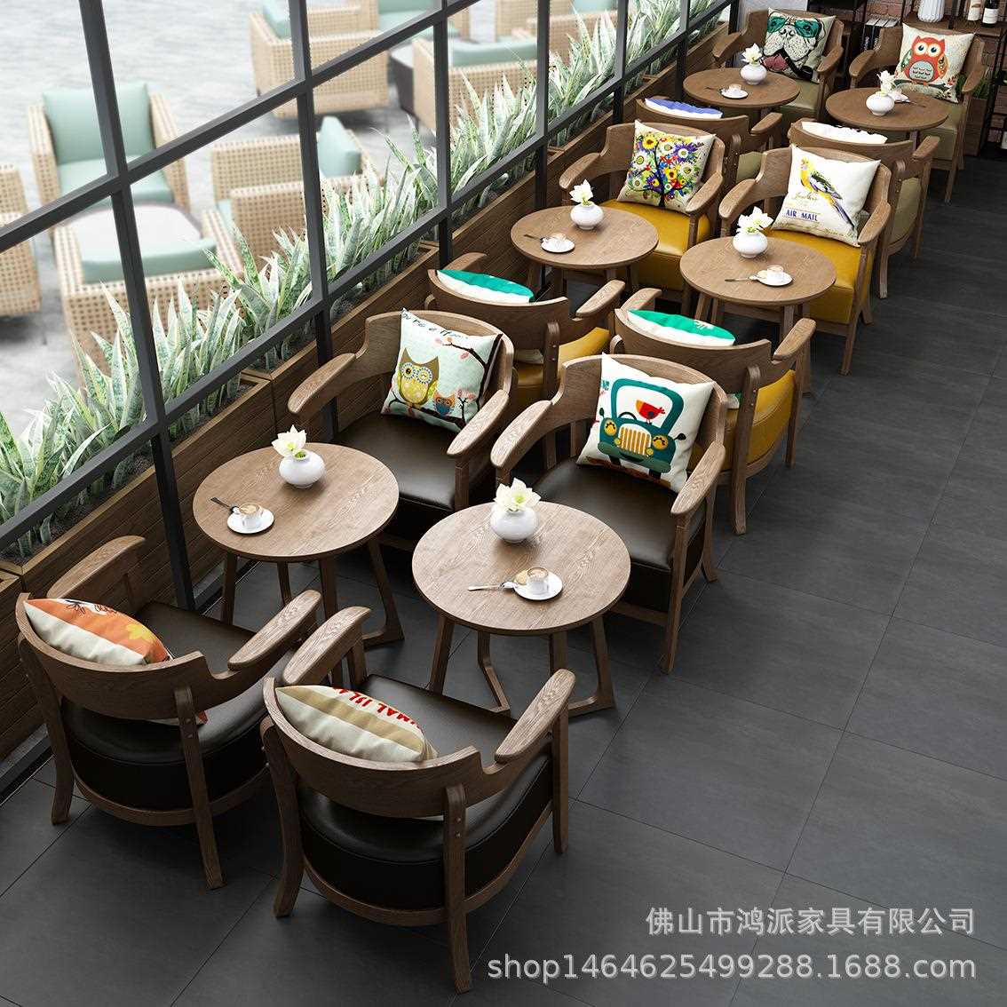 新款直销实木咖啡厅奶茶店沙发 接待洽谈办公室桌椅组合 休闲皮艺