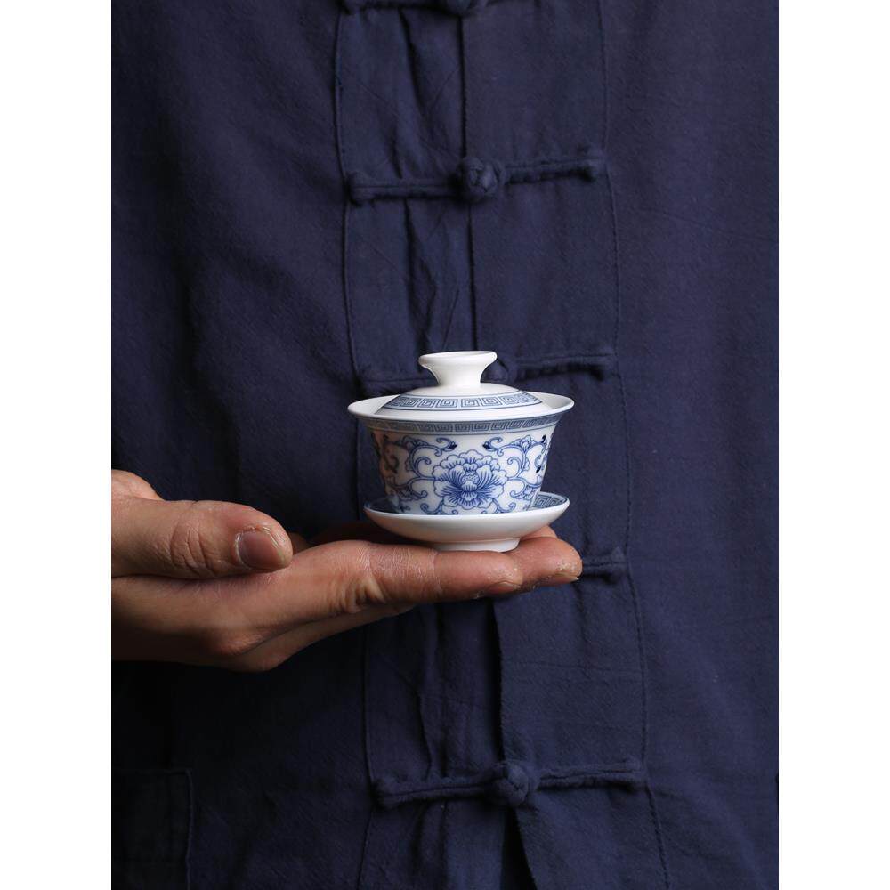 潮汕迷你小盖碗青花高温陶瓷两人旅行茶具茶杯小号三才碗两杯三杯