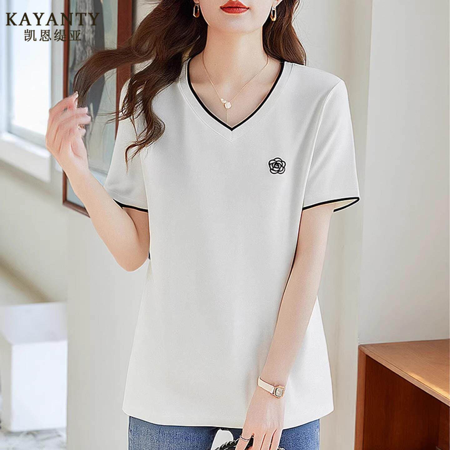 KAYANTY纯棉短袖女t恤2026新款mm大码女装正肩女士V领上衣夏季