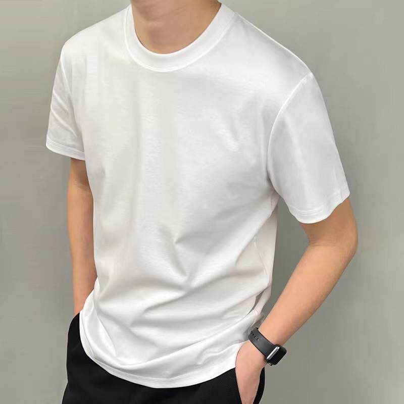 原棉部落 丝光棉T恤男士夏季高端凉感丝滑短袖白色圆领衣服男