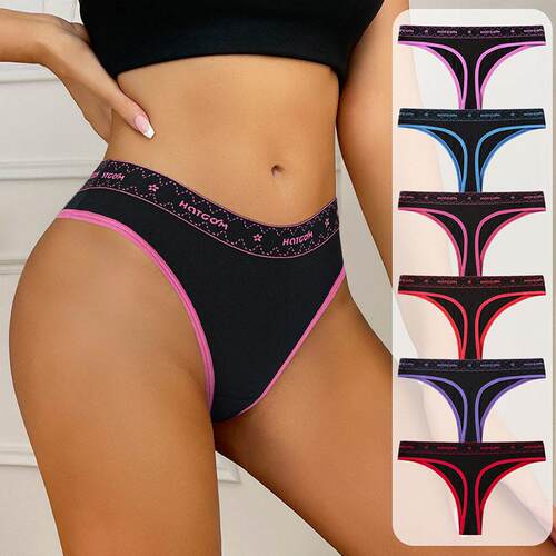 6Pcs Breathable Letter Printing Trim Waist Thongs Sexy Comfy