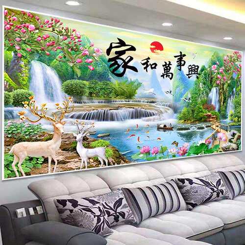 蒙娜丽莎十字绣家和万事兴发财鹿2021新款客厅线绣流水生财山水画