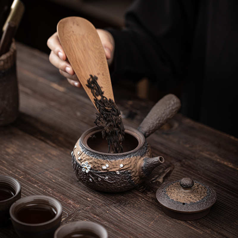 古早烧老岩泥鎏银粗陶侧把壶陶瓷过滤泡茶壶手工家用单壶功夫茶具