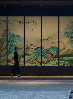 新中式大气多联千里江山图挂画酒店别墅山水风景装饰画大厅墙壁画