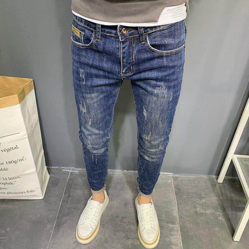 潮牌男牛仔裤蓝色休闲水洗潮流休闲九分裤春秋弹力修身小脚长裤子