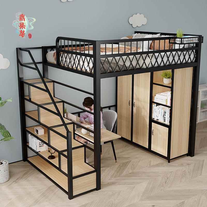 小型卧PBO室二阁楼高钢架床架床上层户床下桌折叠单上床下衣柜高