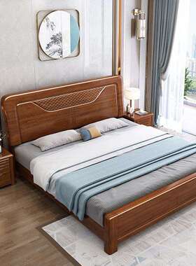 木现代简约HKSY-681新中实床式1.5m1.8m床奢胡桃木主卧双人床轻出