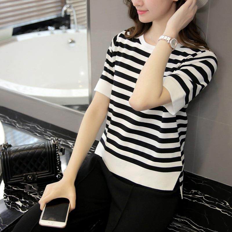 夏新女码装宽松韩版大上衣黑白条T恤