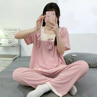 特大码 冰丝睡衣女夏季 薄款 短袖 胖MM300斤甜美公主风家居服套 长裤