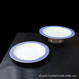 宫阙紫圆形宽边酒店如意汤盘会所凉菜盘摆盘中餐陶瓷加热保温深盘