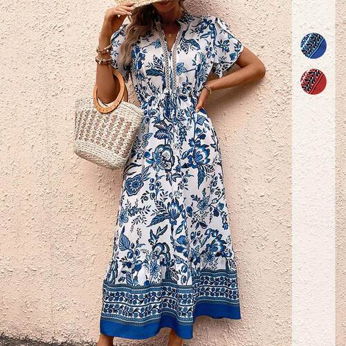 Blue printed dress looks slimmer 蓝色印花连衣裙显瘦