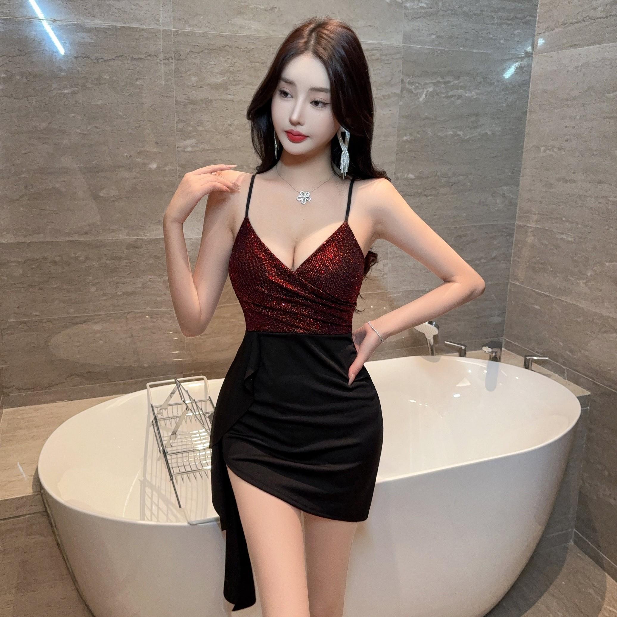 性感吊带洋装辣妹低胸露背收腰修身显瘦包臀裙子夜总会上班衣服