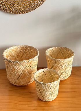 手工竹编织茶几桌面客厅卧室书房插画篓子收纳垃圾圆形收纳筐