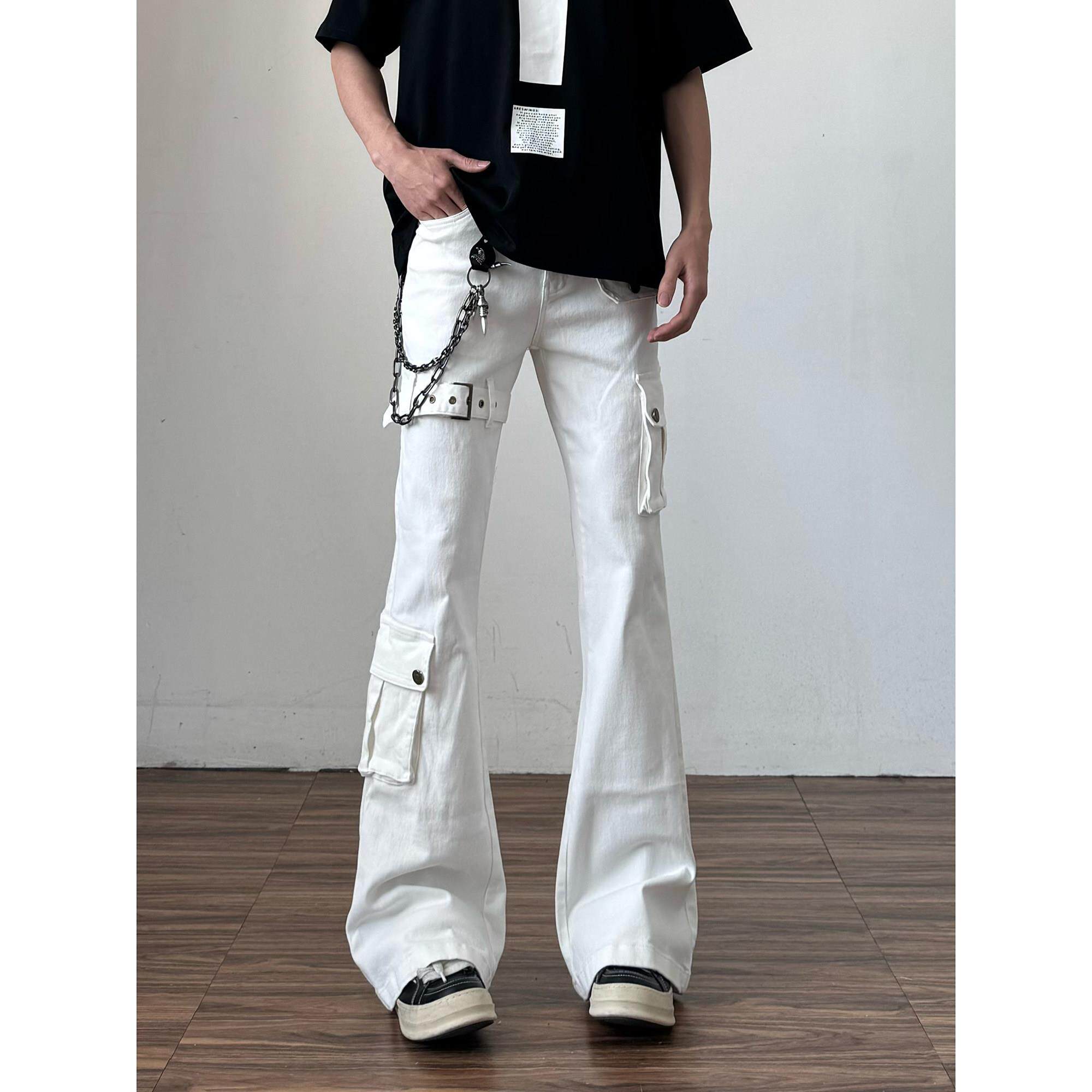 夏季白色绑带微喇牛仔裤男cleanfit美式高街vibe喇叭修身工装裤子