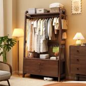 实木床头柜衣帽架一体家用挂衣架简约现代落地卧室主卧衣服收纳层