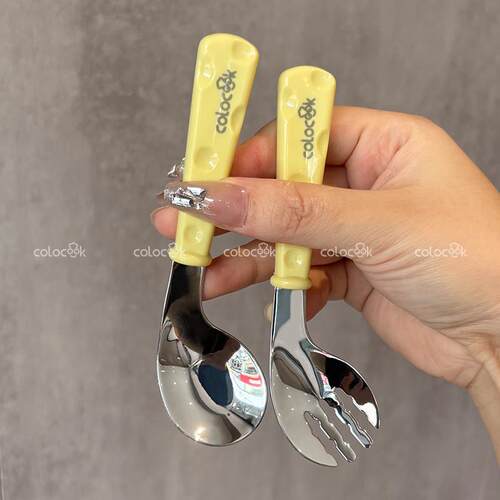 colocook 316可爱奶酪勺叉儿童专用宝宝学吃饭吃面幼儿园弯头餐具