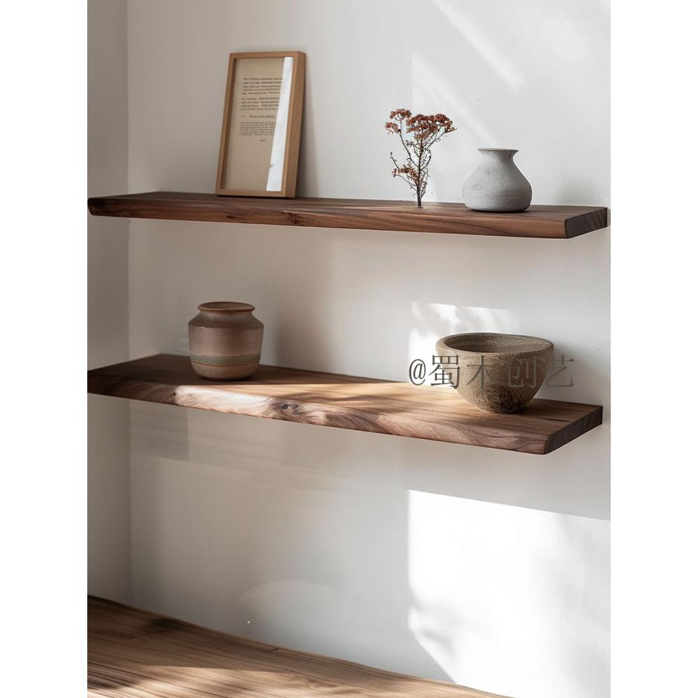 胡桃色实木一字板置物架原木色北欧风简约现代美式挂板层板一字板