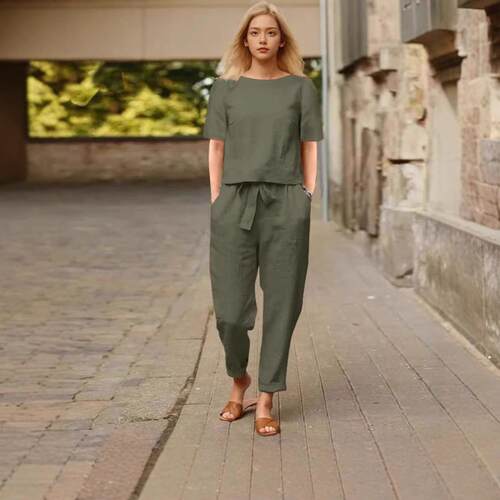 Women's cotton and linen set, half sleeved collar,