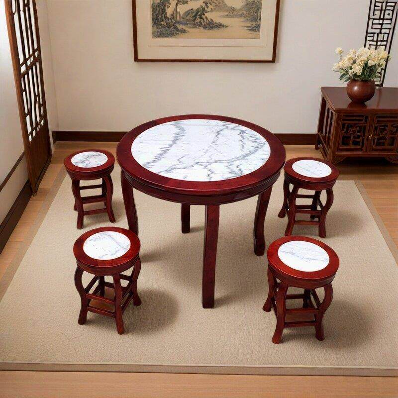 覆古中式实木云石商用粉店糖水凉茶店桌椅快餐桌大理石面 面馆圆