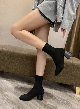 QVU~品牌专柜！气质加绒高跟短靴秋冬方头针织高跟日常弹力瘦瘦靴