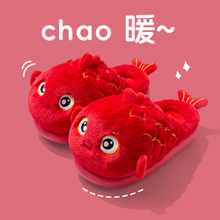 毛绒棉拖鞋 冬季 室内家居可爱保暖防滑月子拖鞋 锦鲤棉拖女2025新款