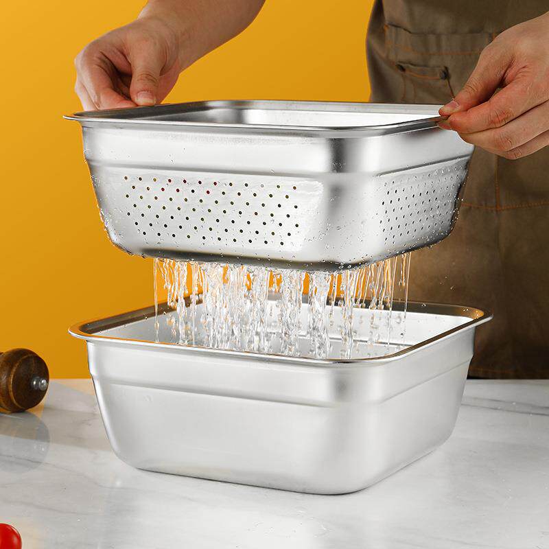 加厚304不锈钢漏盆沥水盆正方形盆带盖大号洗菜盆冲孔滤盆漏油盆