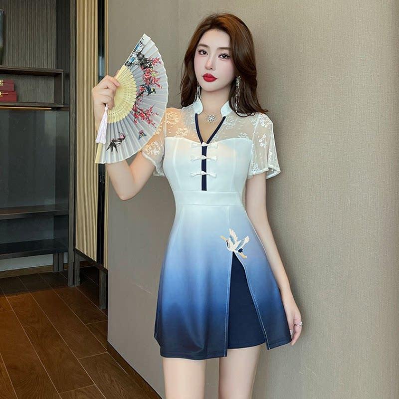 中式旗袍足浴养生师短袖技师服美容院工作服裙子套装工衣+短裤