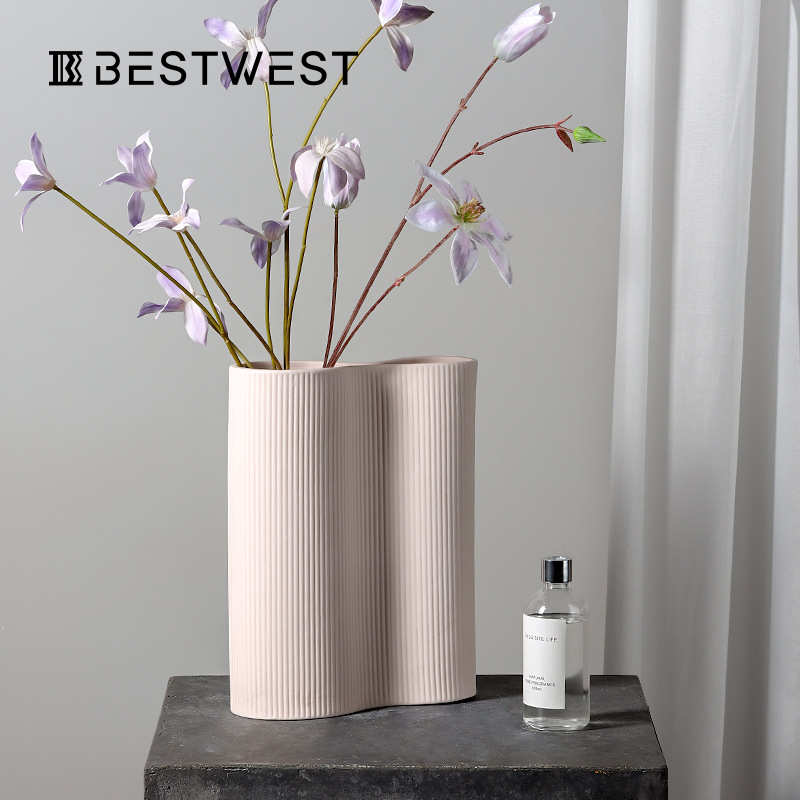 Best west 藕粉色条纹陶瓷花瓶摆件 家居玄关软装桌面装饰品花器